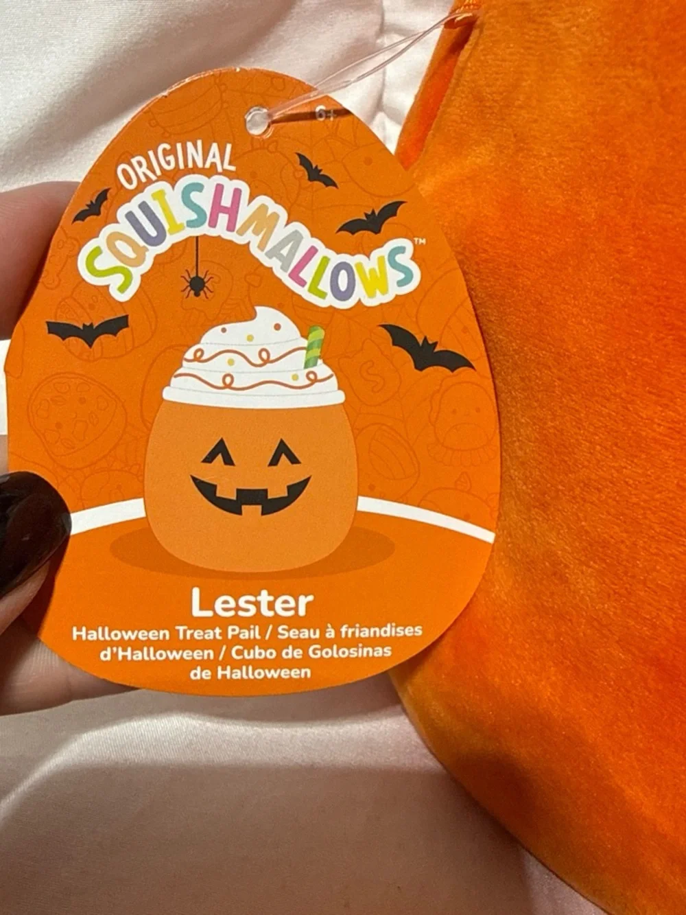 Squishmallows Orange Pumpkin Plush with White Swirl Top and Green Stem Bag